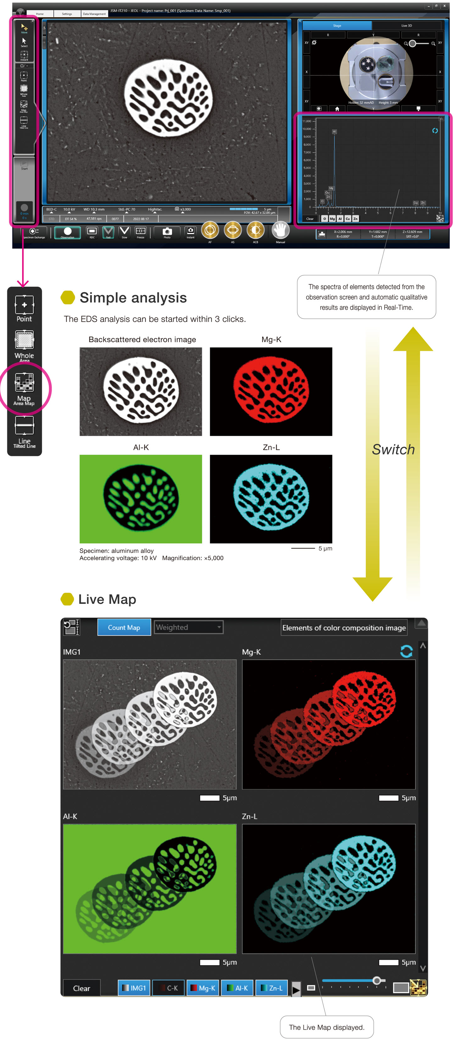Embedded EDS for Real-Time elemental composition during observation Embedded EDS for Real-Time elemental composition during observation