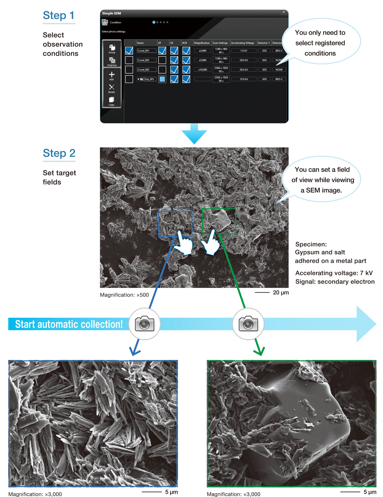 Simple SEM automates image collection at multiple locations, conditions and magnifications Simple SEM automates image collection at multiple locations, conditions and magnifications